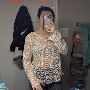 ADIVA Cream Crochet Knit Sheer Long Sleeve Top Shirt Women small